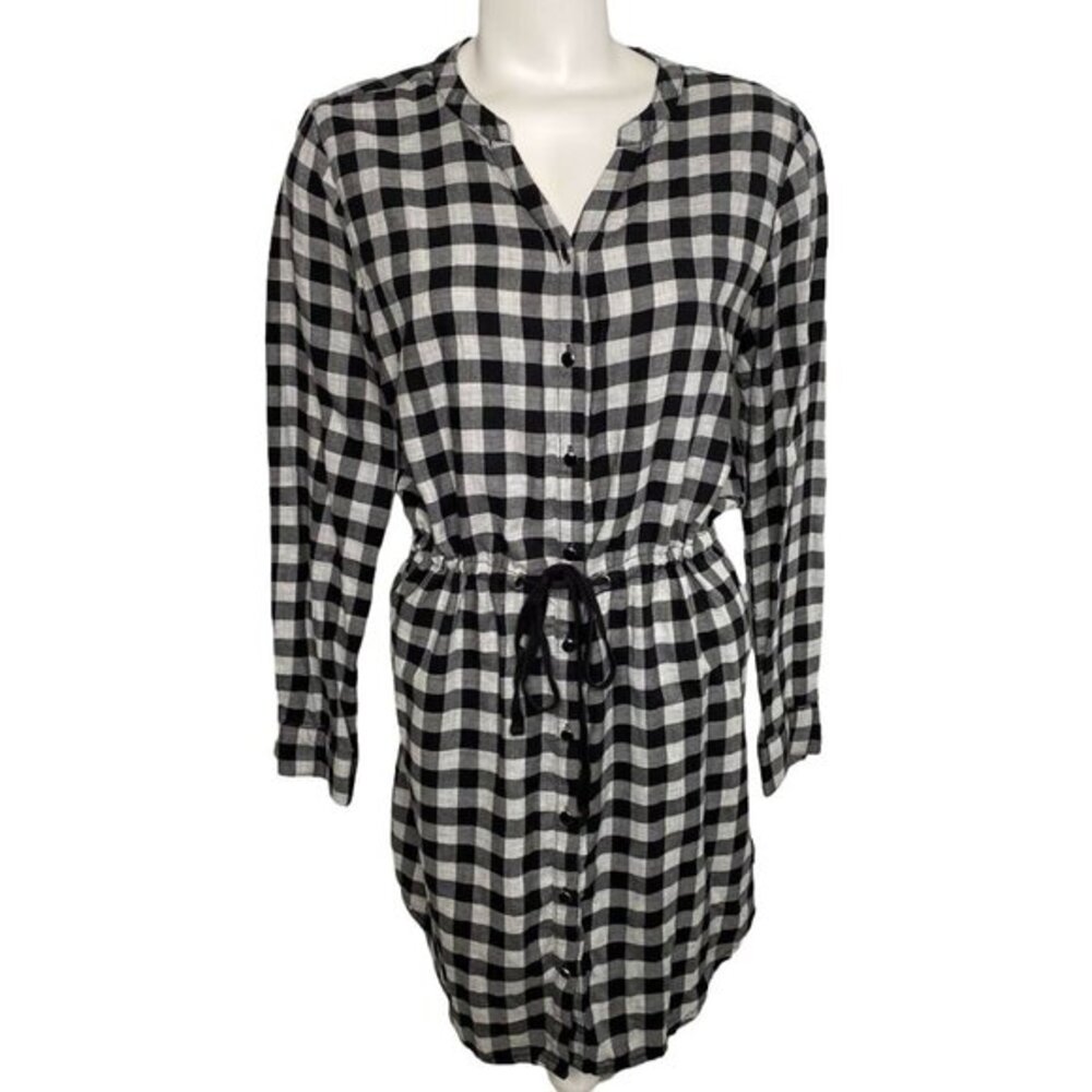 Bass Button Front Dress Women's MEDIUM Black Gray Plaid‎ Soft Flannel Cotton